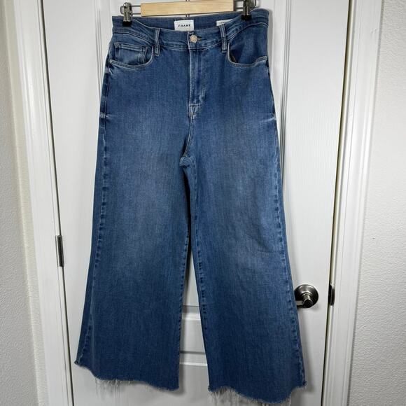 FRAME Le Palazzo Crop High Rise Wide Leg Blue Jeans Women’s 31 Frayed Hem - Picture 1 of 11